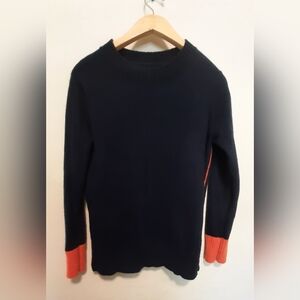 Women's Navy Crewneck Sweater with Orange Cuff Detail